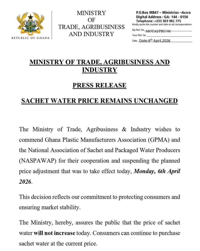 Ghana Halts Planned Increase in Sachet Water Prices