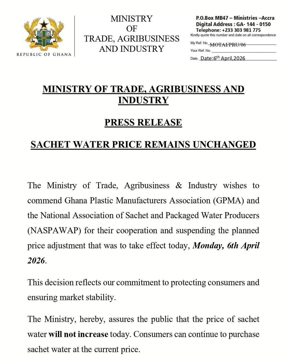 Ghana Halts Planned Increase in Sachet Water Prices
