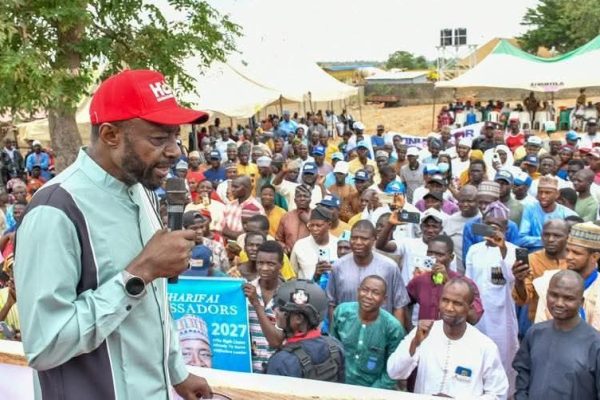 Former Chief Executive Officer of the National Agency for Science and Engineering Infrastructure, NASENI, and Nasarawa State APC Guber Aspirant, Prof. Mohammed Sani Haruna , addressing supporters at a Mega rally held in Keffi