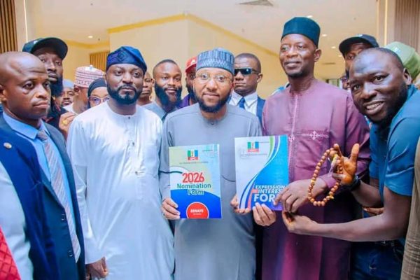 Chairman of Abaji Area Council Hon Abubakar Umar Abdullahi (m) shortly after he purchased his nomination forms at the APC national secretariat in Abuja, on Tuesday.