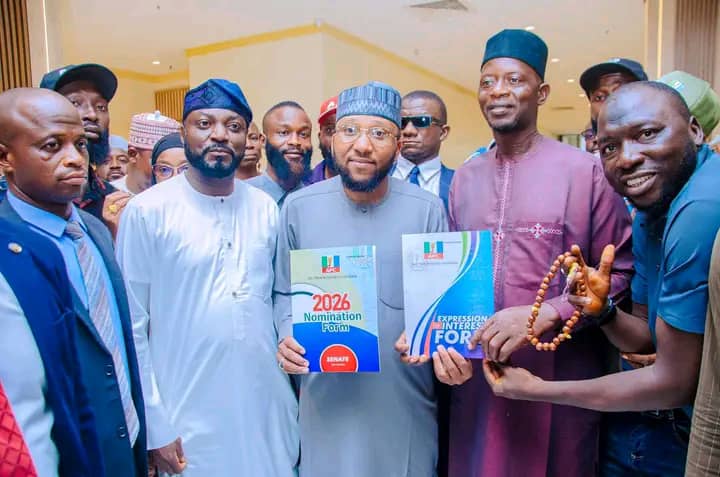 Chairman of Abaji Area Council Hon Abubakar Umar Abdullahi (m) shortly after he purchased his nomination forms at the APC national secretariat in Abuja, on Tuesday.