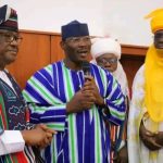 The Agaba of Jiwa Chiefdom HRH Alhaji Idris Musa, the Etsu of Kwali traditional council HRH Luka Ayedo Nizasan with the FCT Minister Nyesom Wike when the monarch's conffered traditional title on the minister on Thursday in Abuja.