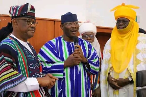 The Agaba of Jiwa Chiefdom HRH Alhaji Idris Musa, the Etsu of Kwali traditional council HRH Luka Ayedo Nizasan with the FCT Minister Nyesom Wike when the monarch's conffered traditional title on the minister on Thursday in Abuja.