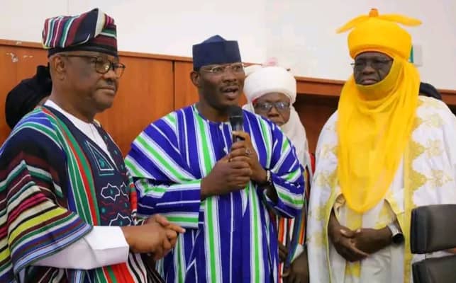 The Agaba of Jiwa Chiefdom HRH Alhaji Idris Musa, the Etsu of Kwali traditional council HRH Luka Ayedo Nizasan with the FCT Minister Nyesom Wike when the monarch's conffered traditional title on the minister on Thursday in Abuja.