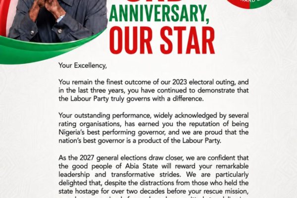 Labour Party Celebrates Gov. Alex Otti on Third Anniversary in Office