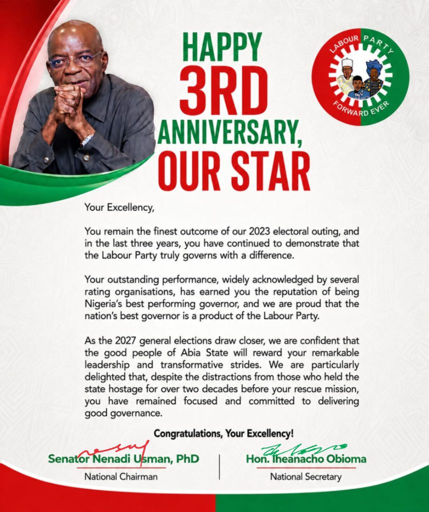 Labour Party Celebrates Gov. Alex Otti on Third Anniversary in Office