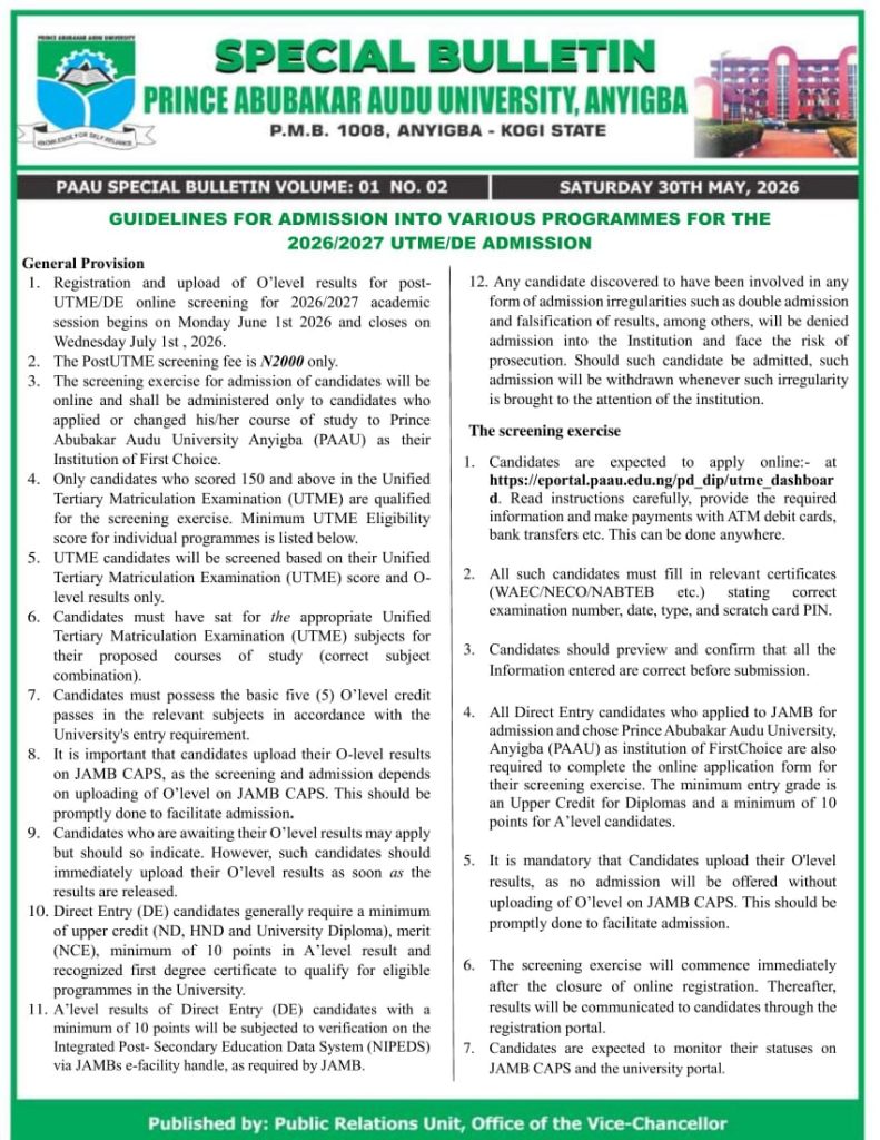 PAAU COMMENCES 2026/2027 POST-UTME, DIRECT ENTRY SCREENING EXERCISE
