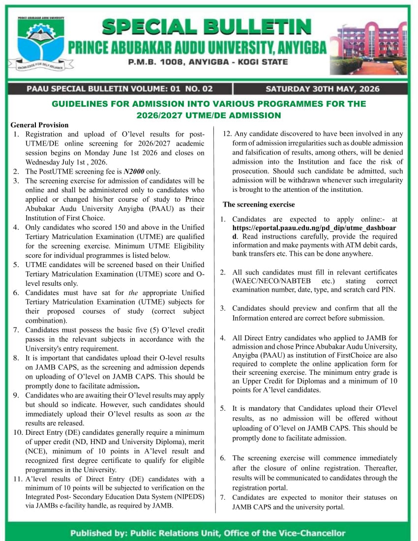 PAAU COMMENCES 2026/2027 POST-UTME, DIRECT ENTRY SCREENING EXERCISE