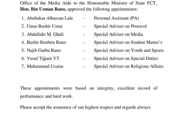 FCT Minister’s Media Aide, Usman Rano, Announces New Appointments to Strengthen Office Operations