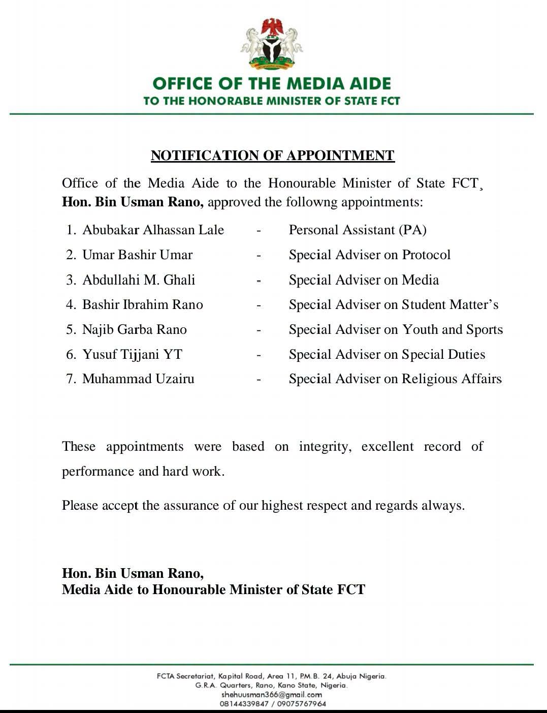 FCT Minister’s Media Aide, Usman Rano, Announces New Appointments to Strengthen Office Operations