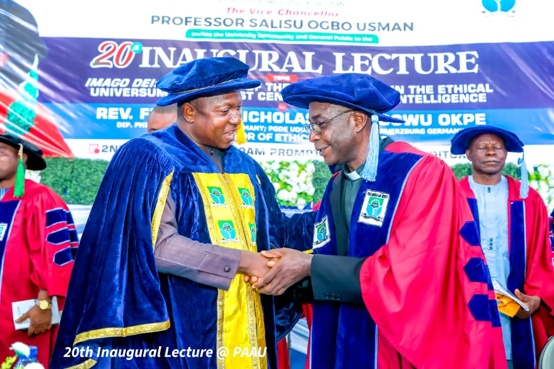 Vice-Chancellor of Prince Abubakar Audu University, Prof. Salisu Ogbo Usman (L) and Professor of Ethics and Values at Prince Abubakar Audu University (PAAU), Anyigba, Rev. Fr. Prof. Nicholas Ojoajogwu Okpe