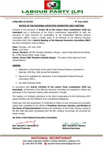 Labour Party NEC to Meet June 11 to Ratify Primary Election Results
