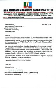 Hon. Mohammed Garba Isimbabi's resignation letter