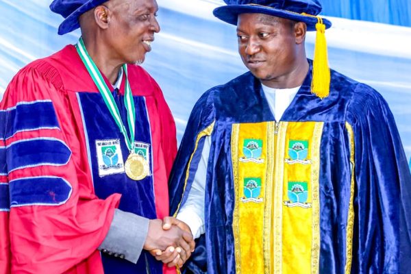 Professor of Social Studies and Environmental Education at Prince Abubakar Audu University, Professor Joseph Olukayode Ogunbiyi and Vice Chancellor Prince Abubakar Audu University Anyigba, Professor Salisu Ogbo Usman (L)