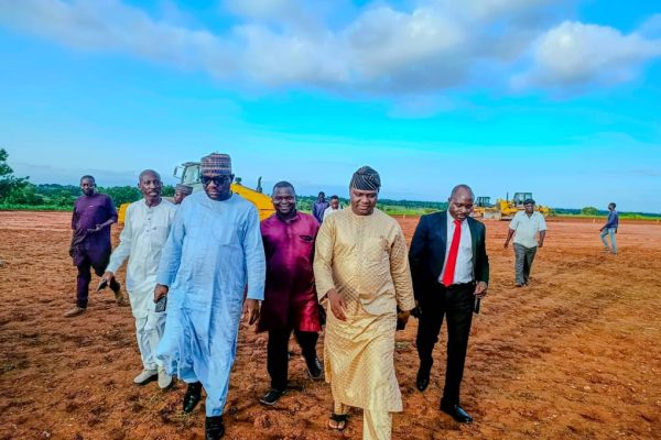 NSHA Speaker Danladi Jatau, alongside commissioner for youth and sports Devt. Mr. Kwanta Yakubu, while inspecting the venue for the flag off of construction of Akwanga-Jos-Bauch Gombe road.