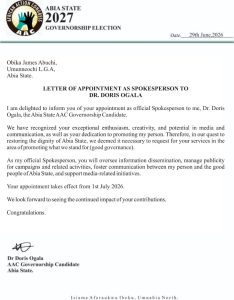 Obika James Abuchi's appointment letter
