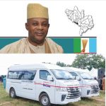 Member representing Ikeja Federal Constituency in the House of Representatives, Rt. Hon. James Abiodun Faleke, and two 18-seater buses he donated to the Ekinrin-Adde community in Ijumu Local Government Area of Kogi State