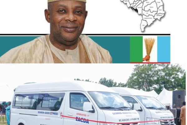 Member representing Ikeja Federal Constituency in the House of Representatives, Rt. Hon. James Abiodun Faleke, and two 18-seater buses he donated to the Ekinrin-Adde community in Ijumu Local Government Area of Kogi State