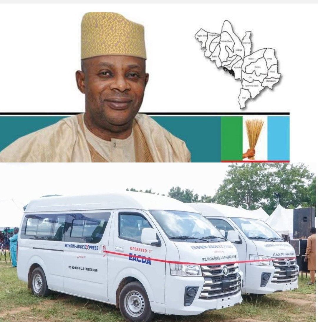 Member representing Ikeja Federal Constituency in the House of Representatives, Rt. Hon. James Abiodun Faleke, and two 18-seater buses he donated to the Ekinrin-Adde community in Ijumu Local Government Area of Kogi State