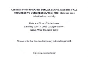 Senator Sunday Steve Karimi displaying INEC's acknowledgment letter confirming him as the APC candidate for Kogi West Senatorial District ahead of the 2027 general election.