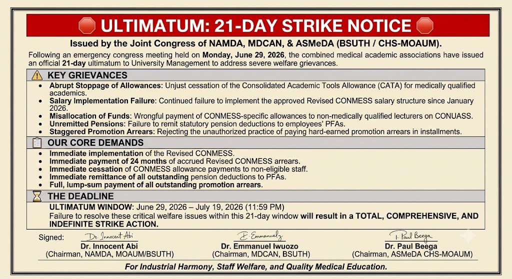 More Labour Strikes Hit Benue Under Alia as Medical Lecturers Issue 21-Day Ultimatum