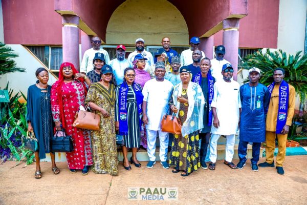 PAAU Vice-Chancellor Professor Salisu Ogbo Usman receives members of St. Charles College Ankpa Set '94 during a courtesy visit at the Senate Chamber in Anyigba.