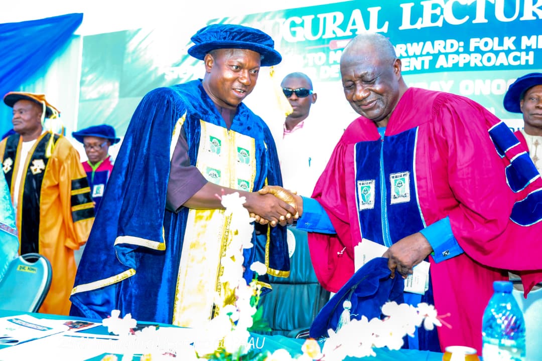 Professor of Theatre for Development at Prince Abubakar Audu University (PAAU), Anyigba, Professor William Sunday Onogu and Vice-Chancellor of Prince Abubakar Audu University, Professor Salisu Ogbo Usman