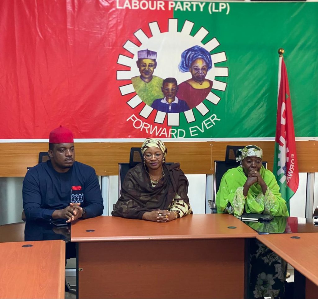 Labour Party National Chairman Nenadi Usman with 2027 presidential candidate Dr. Chibuzo Sunday Okereke and vice-presidential candidate Hajja Bintu Konto during an interactive session in Abuja.