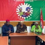 Labour Party National Chairman Nenadi Usman with 2027 presidential candidate Dr. Chibuzo Sunday Okereke and vice-presidential candidate Hajja Bintu Konto during an interactive session in Abuja.