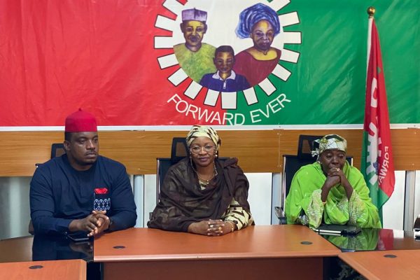 Labour Party National Chairman Nenadi Usman with 2027 presidential candidate Dr. Chibuzo Sunday Okereke and vice-presidential candidate Hajja Bintu Konto during an interactive session in Abuja.