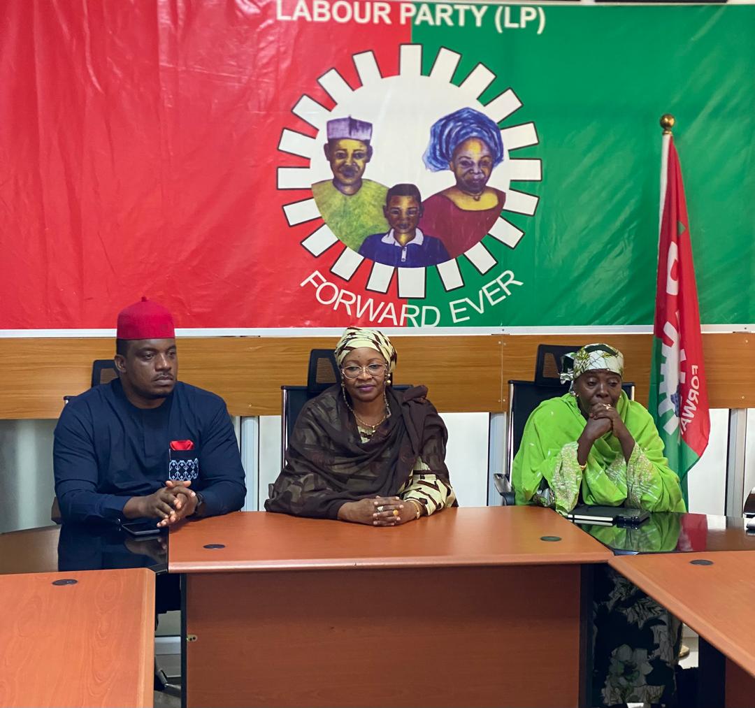 Labour Party National Chairman Nenadi Usman with 2027 presidential candidate Dr. Chibuzo Sunday Okereke and vice-presidential candidate Hajja Bintu Konto during an interactive session in Abuja.