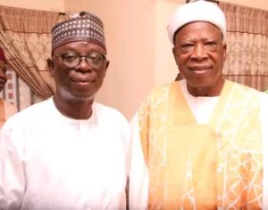 Senator Abdullahi Adamu and Nasarawa State House of Assembly Speaker, Rt. Hon. Ibrahim Balarabe Abdullahi during a public event as tributes mark his 80th birthday.