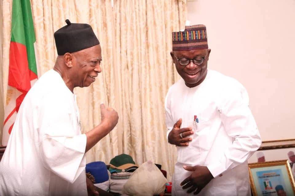 Senator Abdullahi Adamu and Nasarawa State House of Assembly Speaker, Rt. Hon. Ibrahim Balarabe Abdullahi during a public event as tributes mark his 80th birthday.