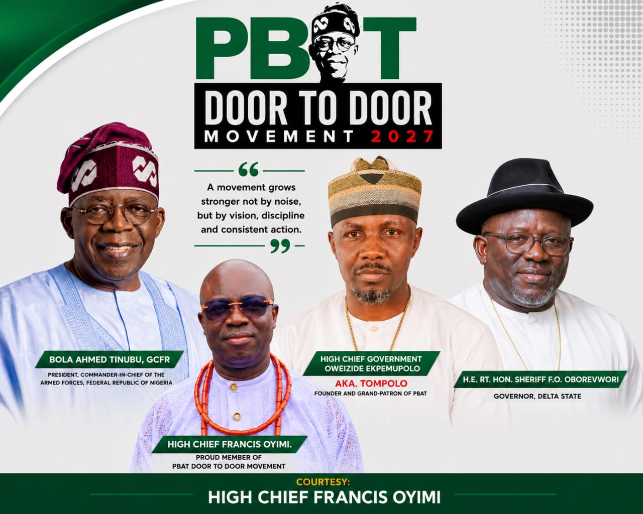High Chief Francis Oyimi commends Tompolo for his visionary leadership and support for the PBAT Door-to-Door Initiative.
