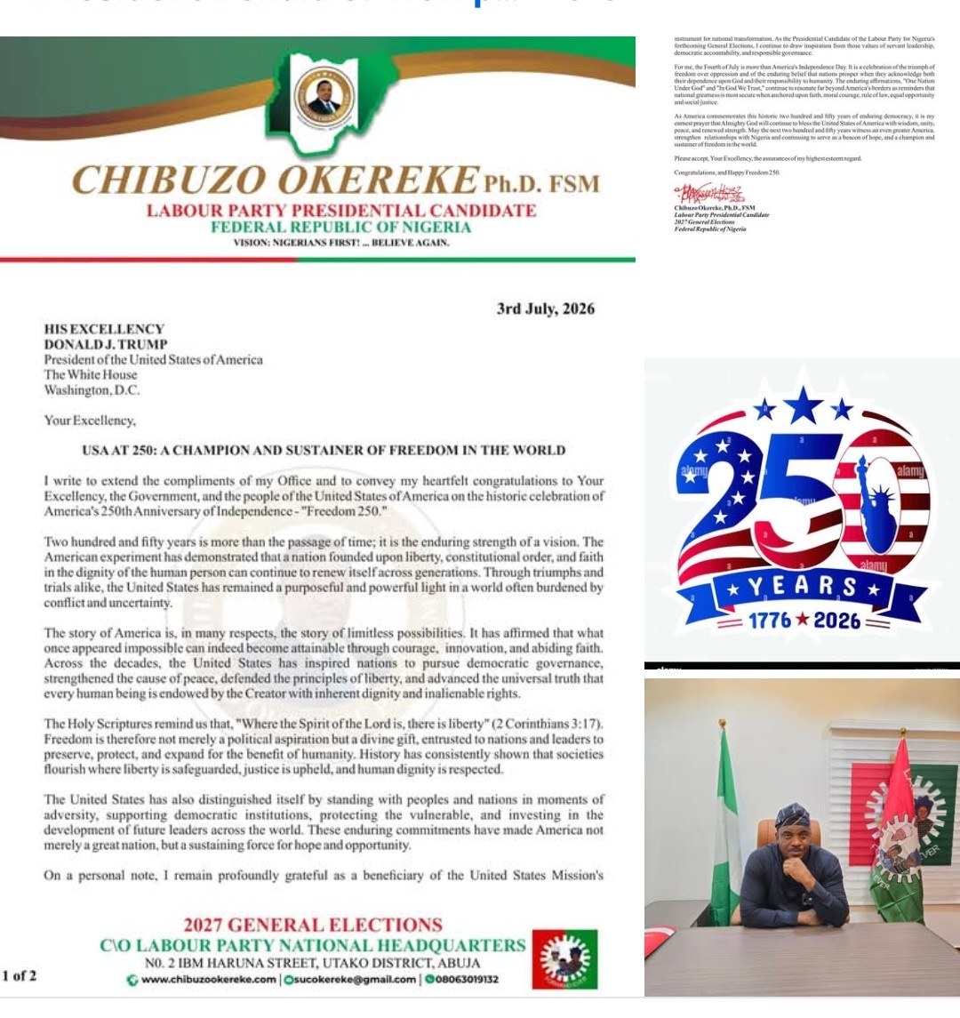 Nigerian Labour Party Presidential Hopeful Okereke Congratulates Trump on US Independence Milestone