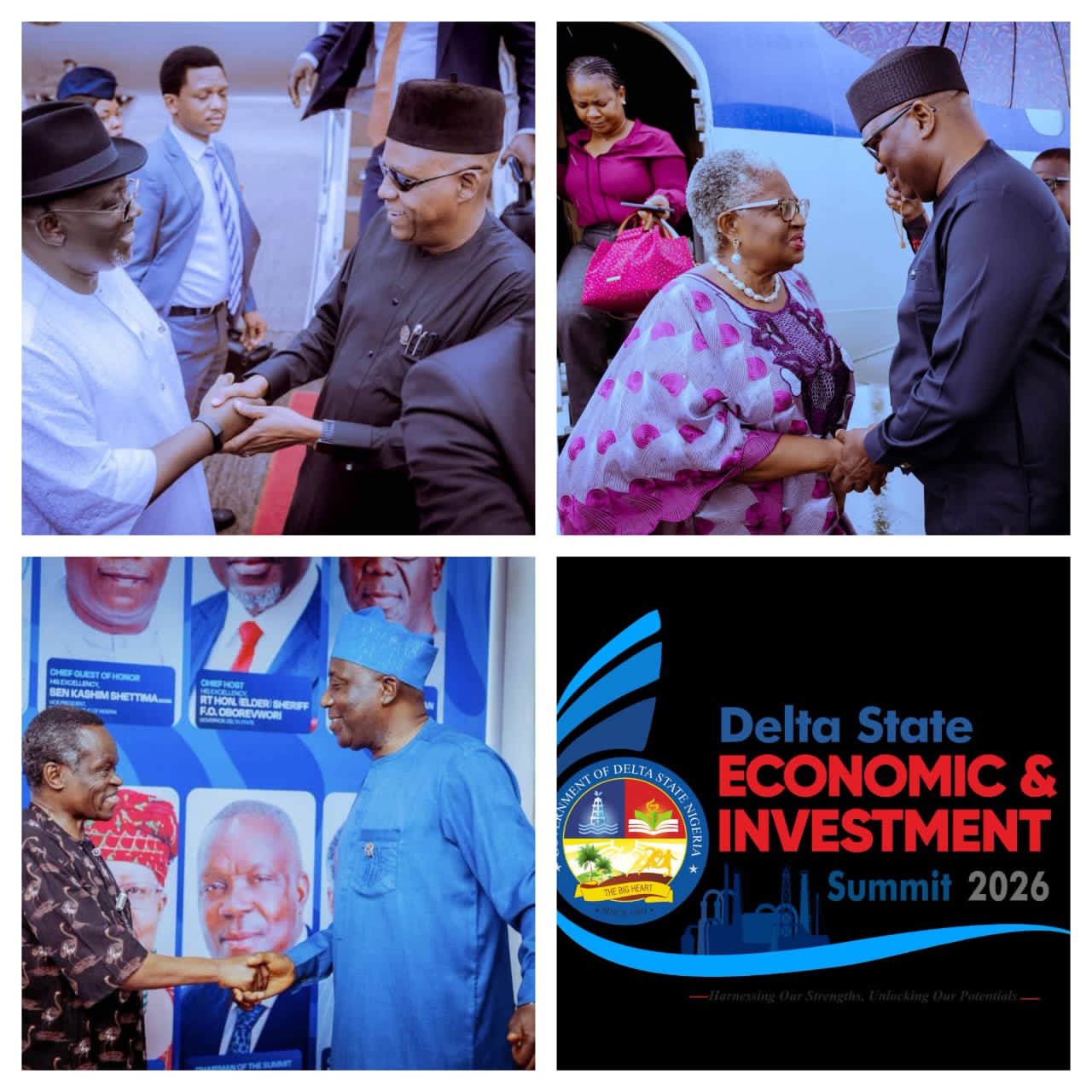 Vice President Kashim Shettima, WTO Director-General Ngozi Okonjo-Iweala and Prof. Patrick Lumumba arrive in Asaba for the Delta State Economic and Investment Summit.