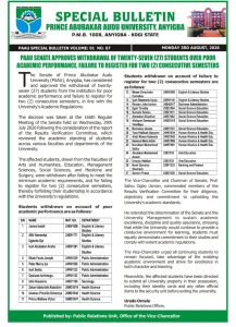 Prince Abubakar Audu University Senate approves withdrawal of 27 students over academic performance and registration violations.