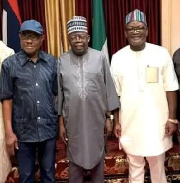 From Right: Former Benue State Governor, Samuel Ortom, President Bola Ahmed Tinubu (Middled) and Minister of the Federal Capital Territory and former Governor of Rivers State, Nyesom Wike