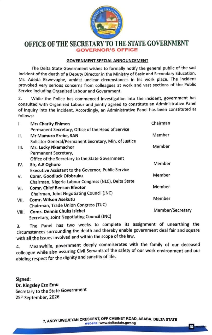 Delta State Government and organised labour set up panel