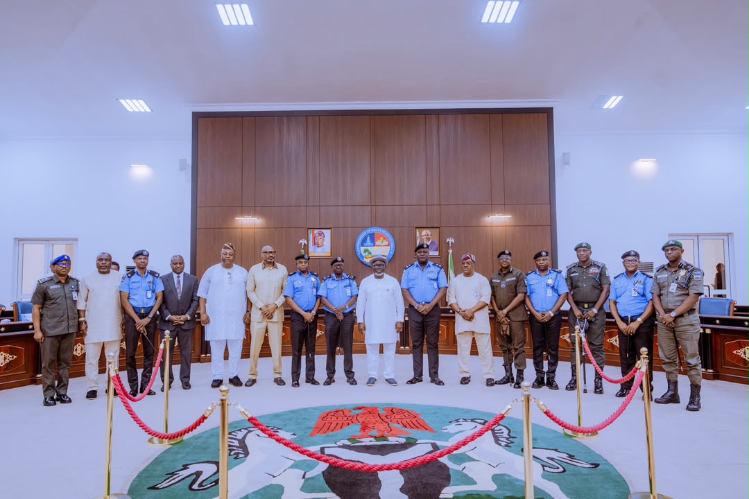 Governor Sheriff Oborevwori during a meeting with Delta Commissioner of Police CP Samuel Erale in Asaba.
