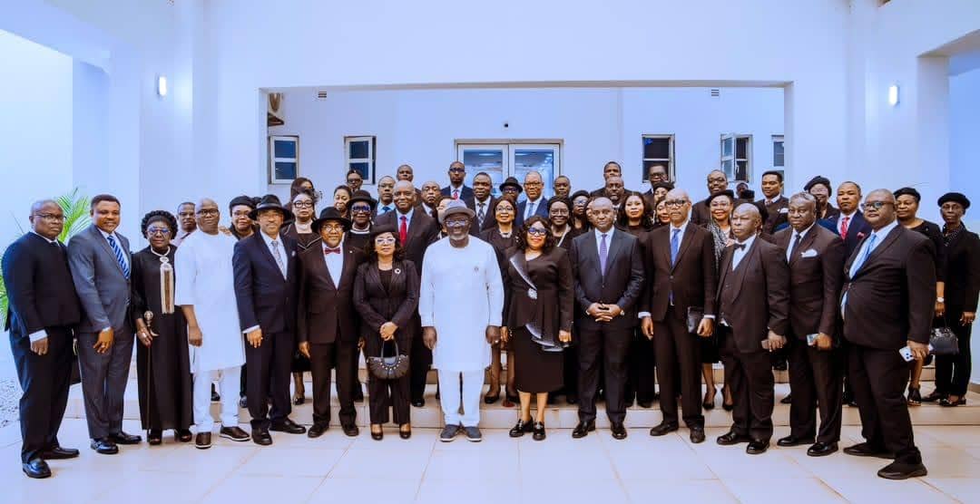 Delta State Governor Sheriff Oborevwori receives Chief Judge Justice Theresa Diai and other judges at Government House, Asaba.